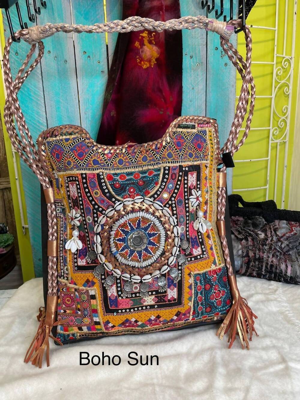 NEW KANTHA BAE women's upcycled embroidered market braided tote bag in boho sun